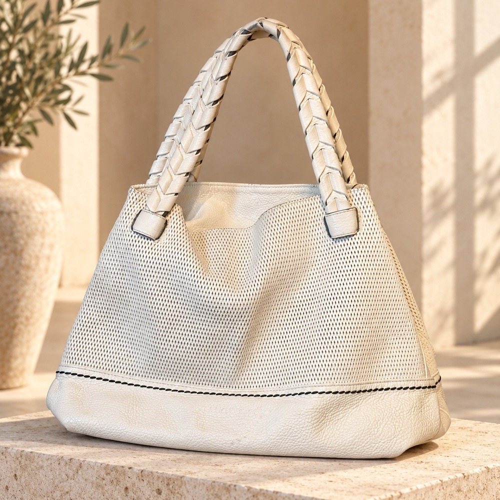 Plinio Visona White Perforated Leather Tote Bag Braided Handle Made in Italy